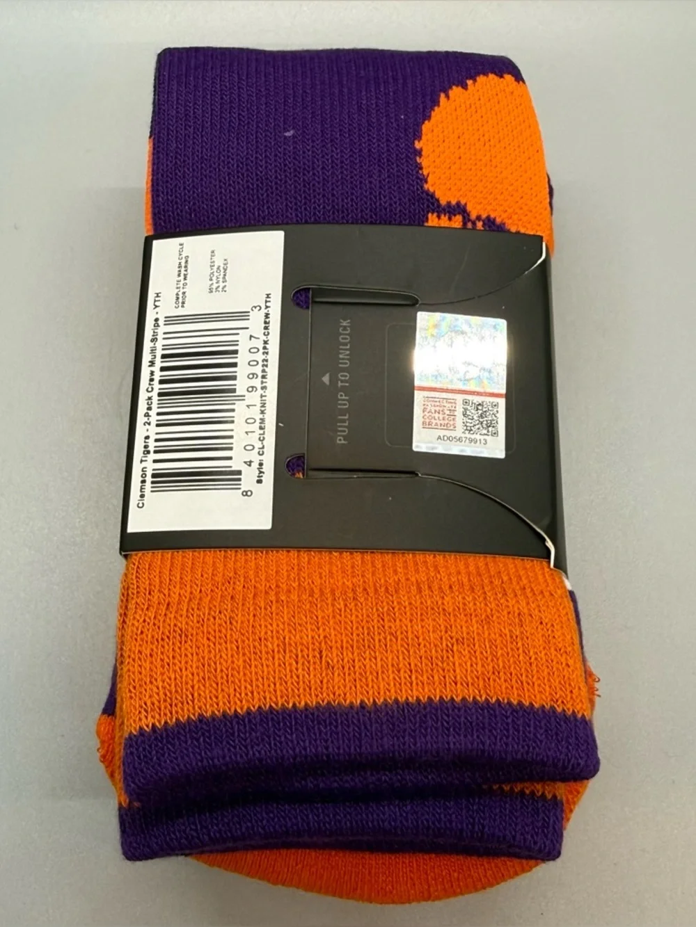 Rock Em Clemson Tigers Youth Crew Socks - Orange & Purple Stripe 2 pack NWT